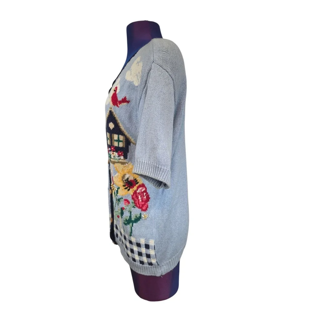 Vintage Jantzen Hand Embroidered Cottagecore Cardigan Sweater Blue Medium Petite